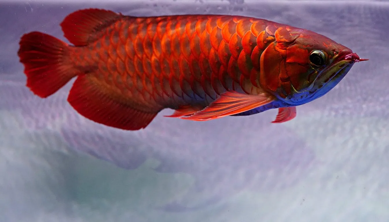 A red arowana swimming in blue water