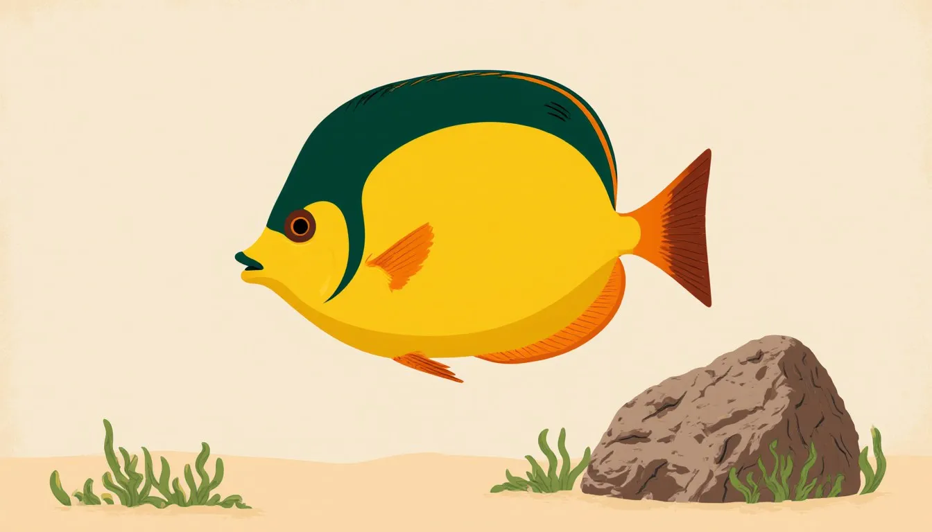 A yellow tang fish swimming near live rock in a reef aquarium