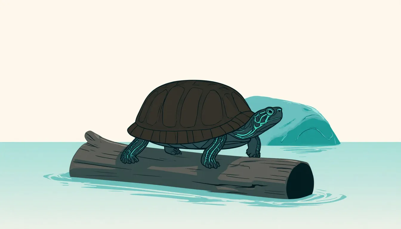A mud turtle resting on a basking log half in water, illustrating proper habitat setup for pet care.