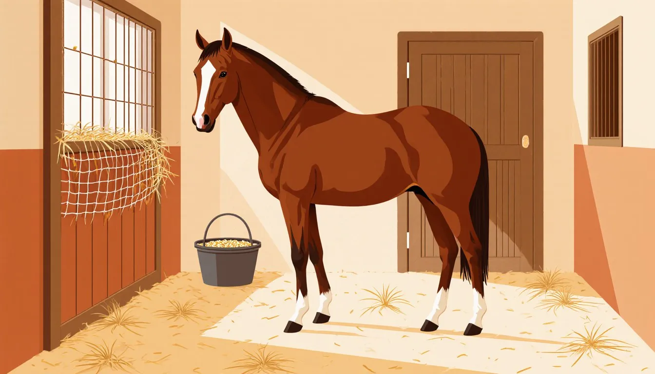 A well-conditioned pregnant mare stands calmly in a stable beside a hay net and feed bucket.