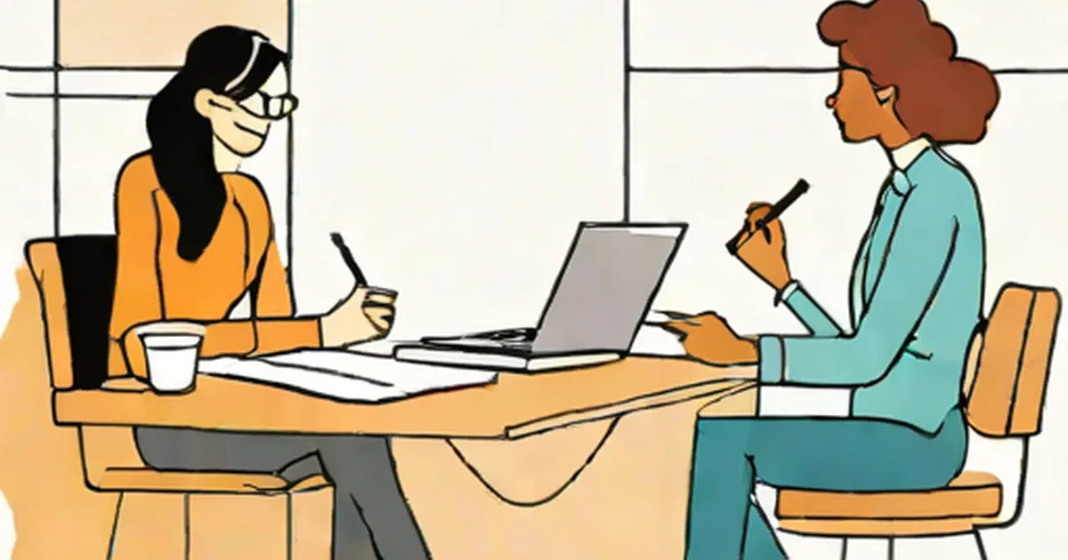 Two women conversing during a professional interview at a desk