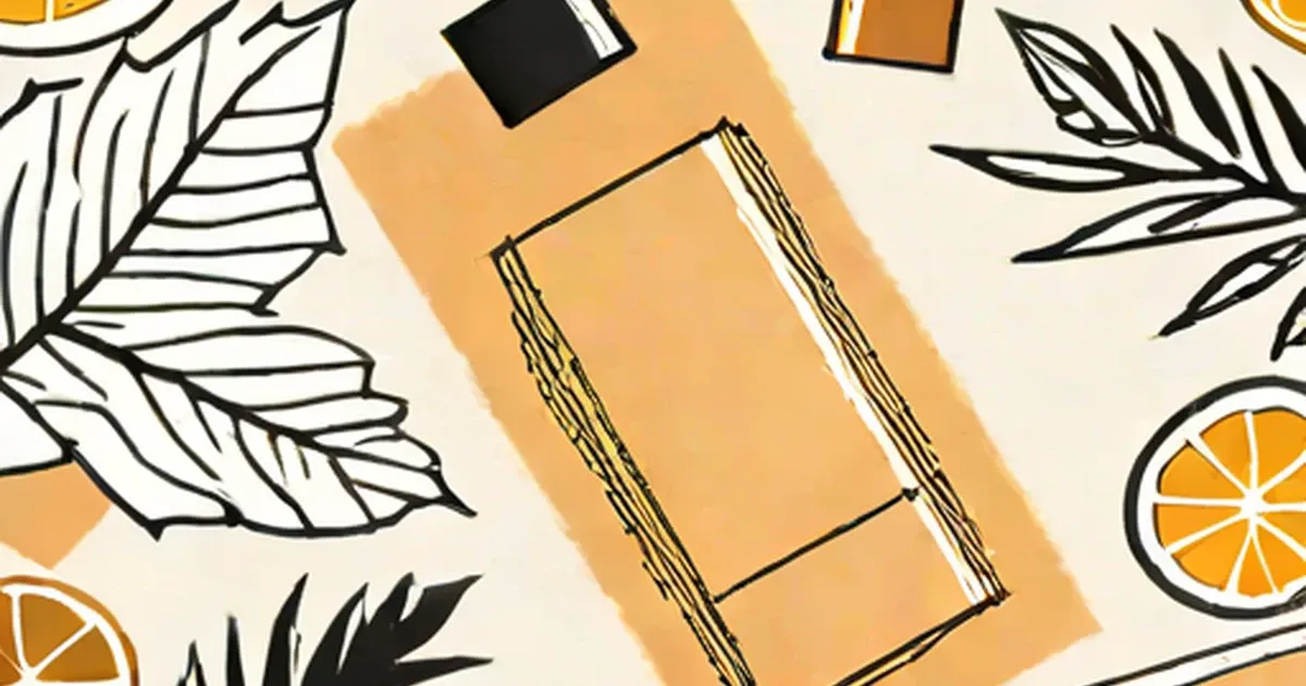 Sunscreen bottle with decorative illustrations of palm leaves and orange slices