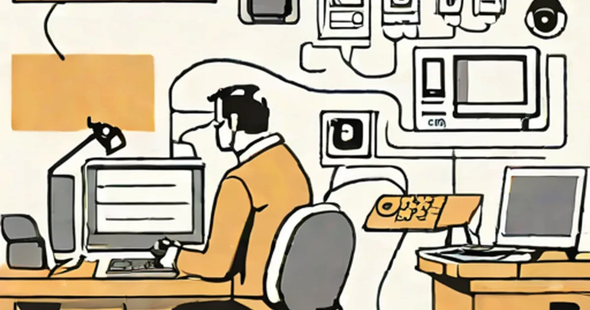 Person at desk wearing headphones surrounded by phones and computer screens