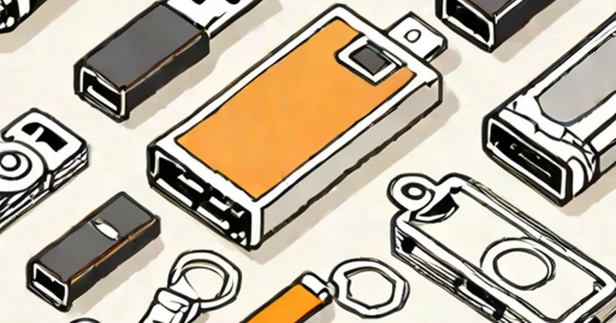Isometric illustration of USB flash drives and storage devices