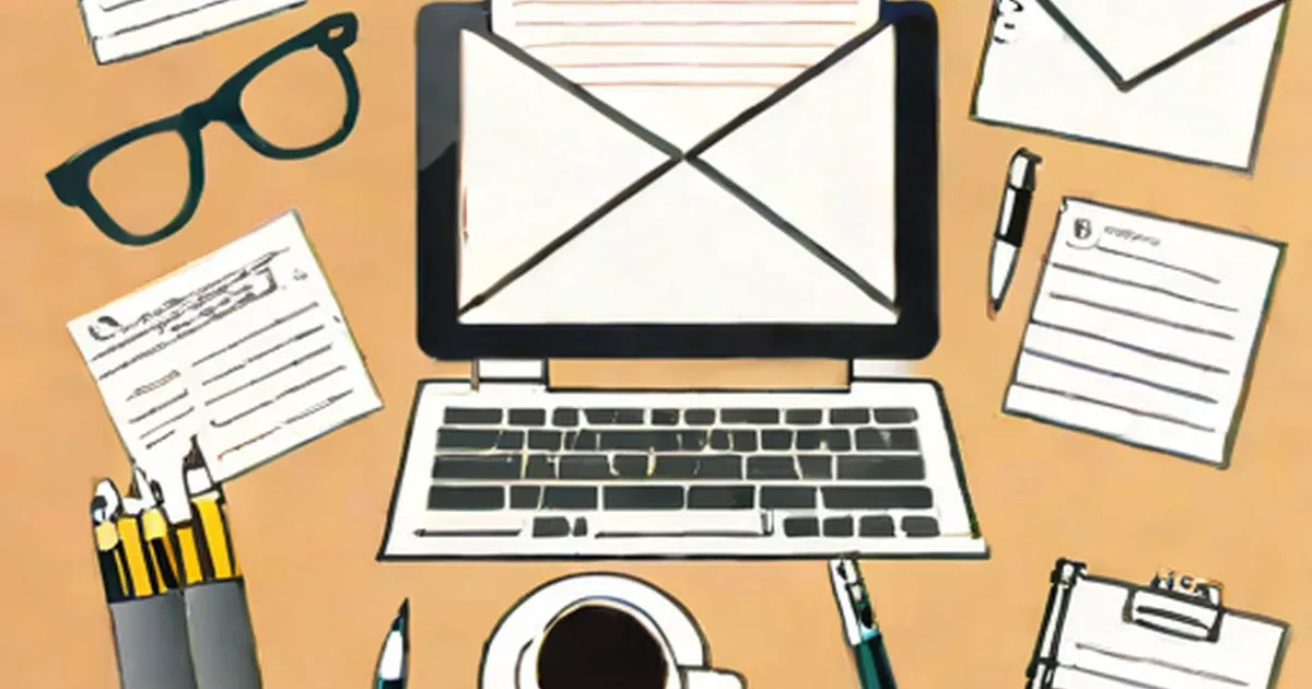 Desk with laptop displaying an envelope icon, surrounded by papers, glasses, pens, and a coffee cup
