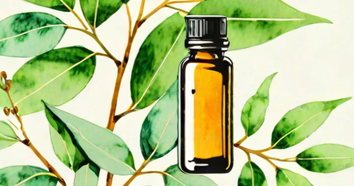 Amber glass bottle of eucalyptus oil surrounded by eucalyptus leaves and branches