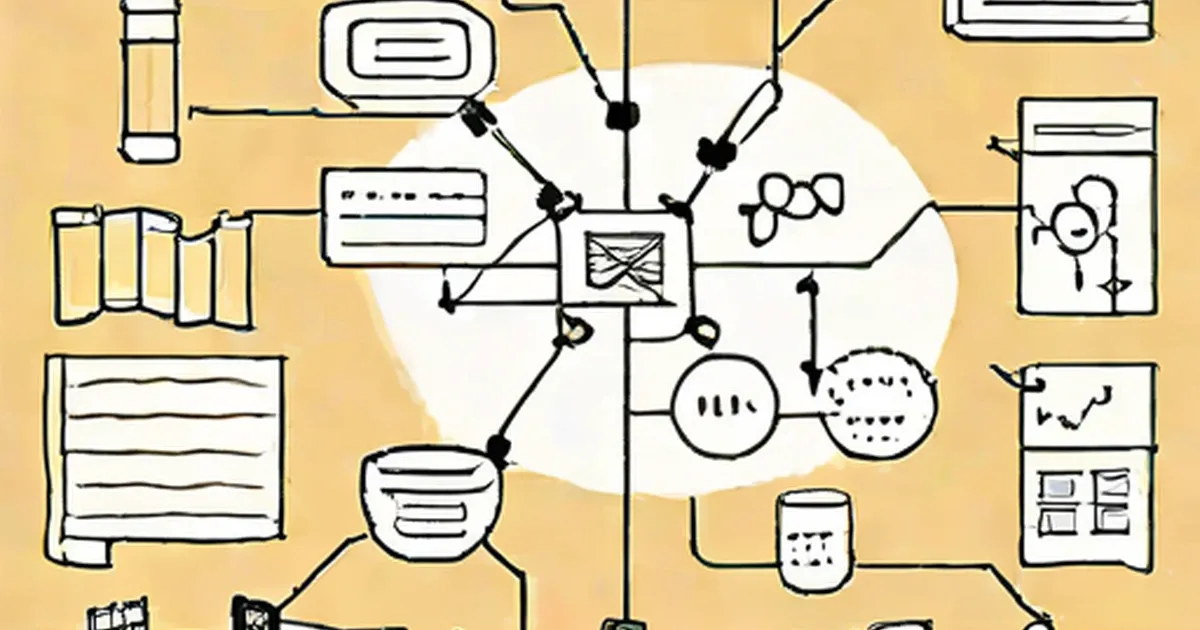 Mind map with a central node branching outward to connected text boxes and icon elements