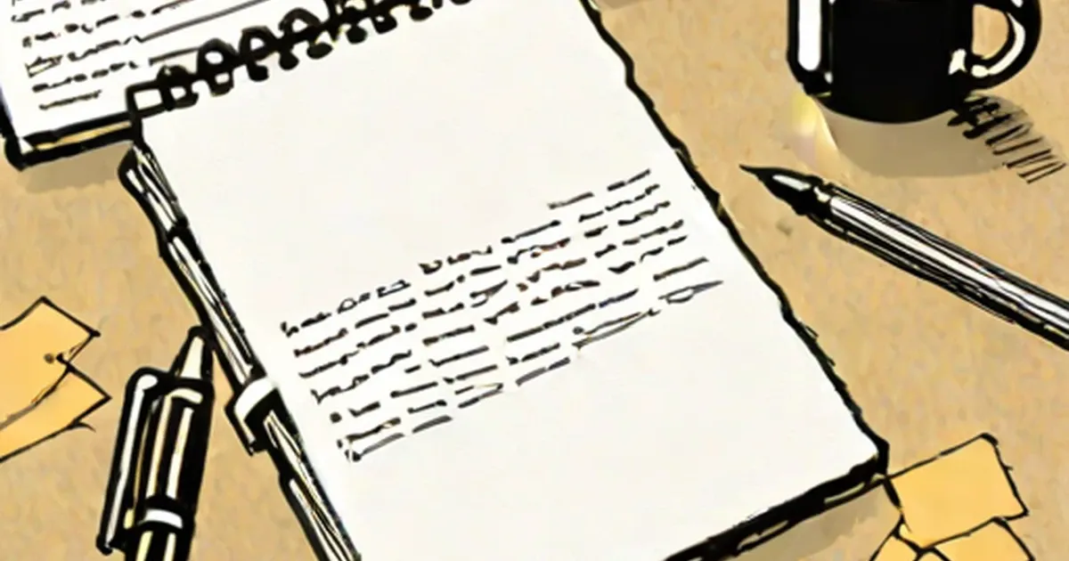 Handwritten manuscript surrounded by pens, coffee cup, and yellow sticky notes