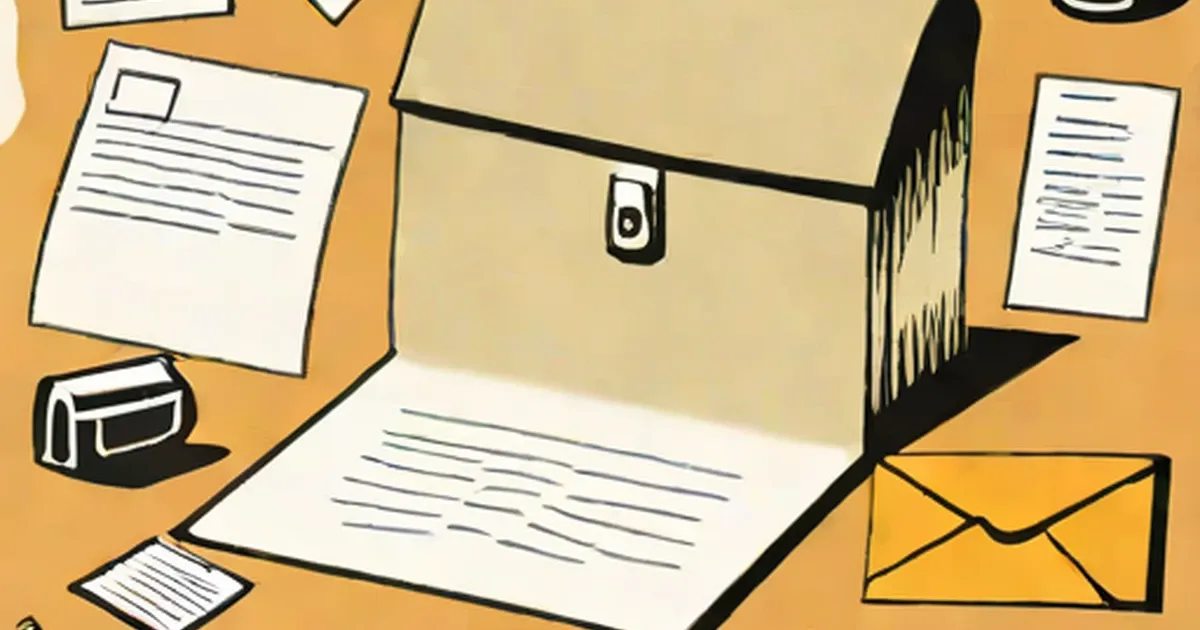 Envelope, documents, mailbox, and pen illustrated against an orange background