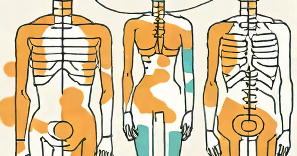 Three stylized anatomical diagrams highlighting human organs, skeleton, and body systems in orange