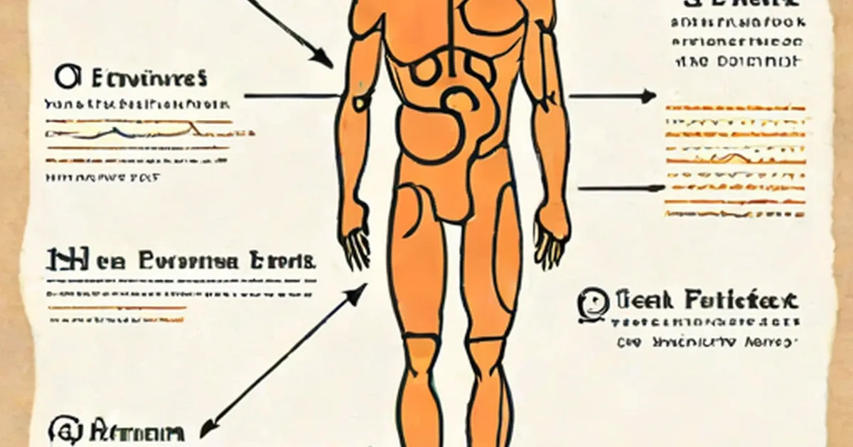 Anatomical diagram of human figure with labeled annotations pointing to various body regions