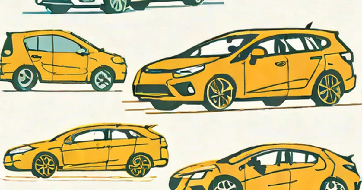 Yellow illustrated hybrid cars in compact, sedan, SUV, and minivan body styles