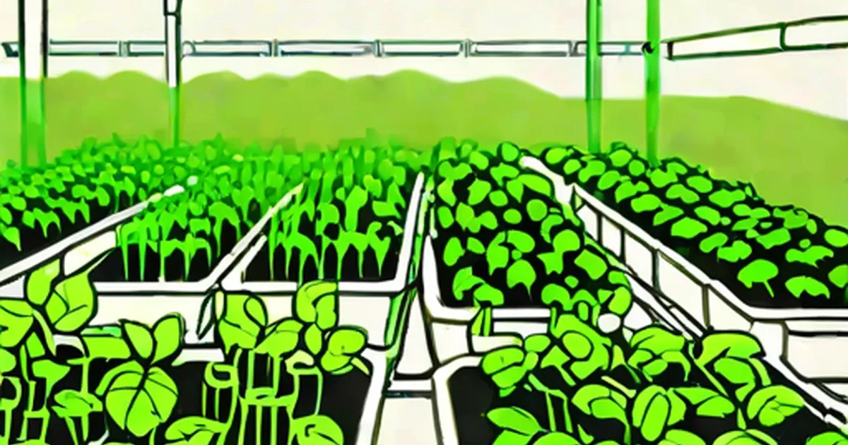 Green seedlings in rows of white trays connected by white irrigation pipes