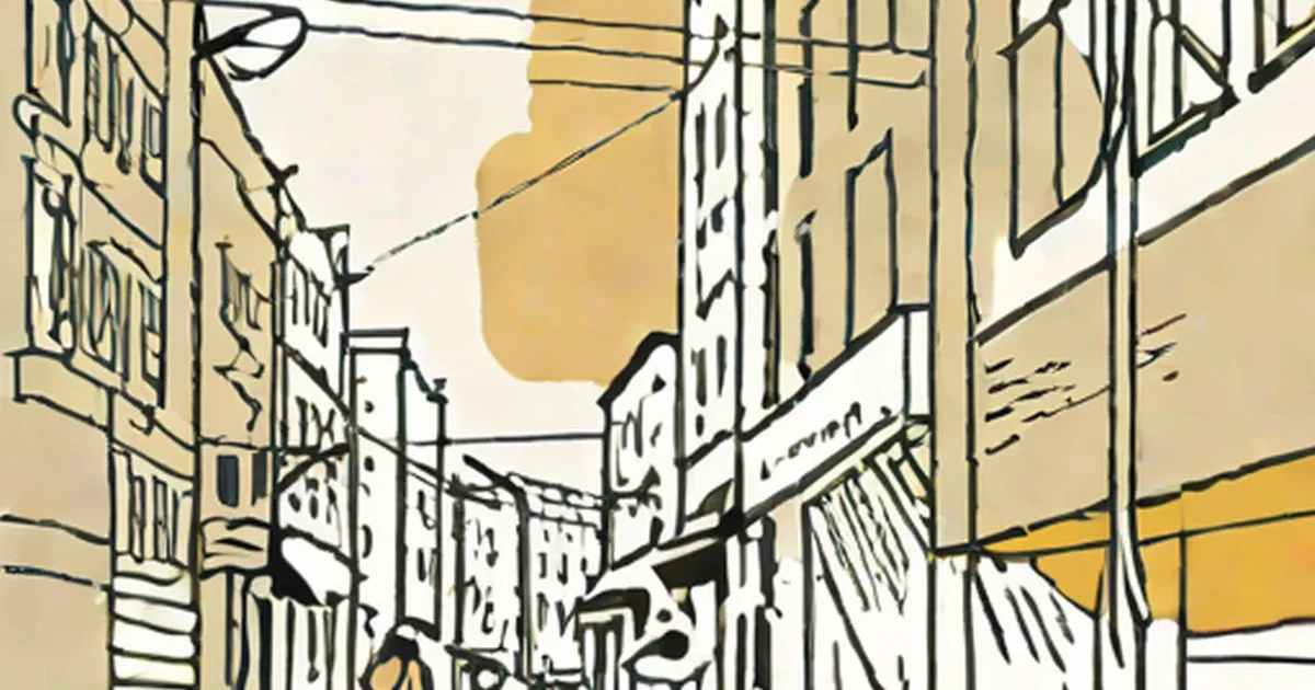 Ink sketch of a narrow city street with tall buildings drawn in black lines and yellow accents