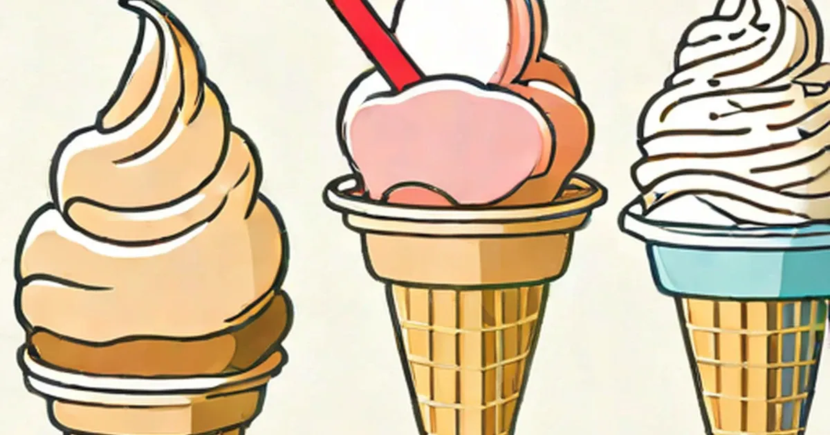 Three ice cream cones illustrated in different flavors and colors