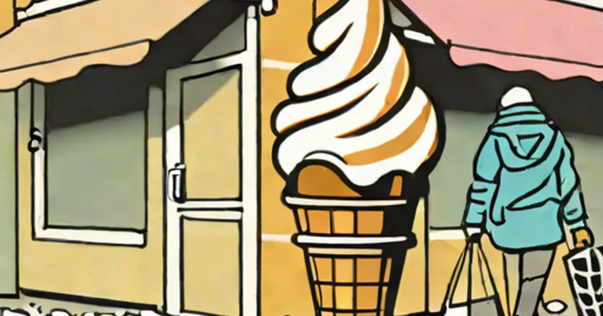 Person in blue jacket with bags standing outside ice cream shop storefront