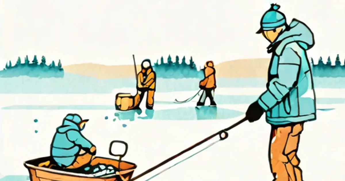 People ice fishing on a frozen lake with evergreen forest in the background
