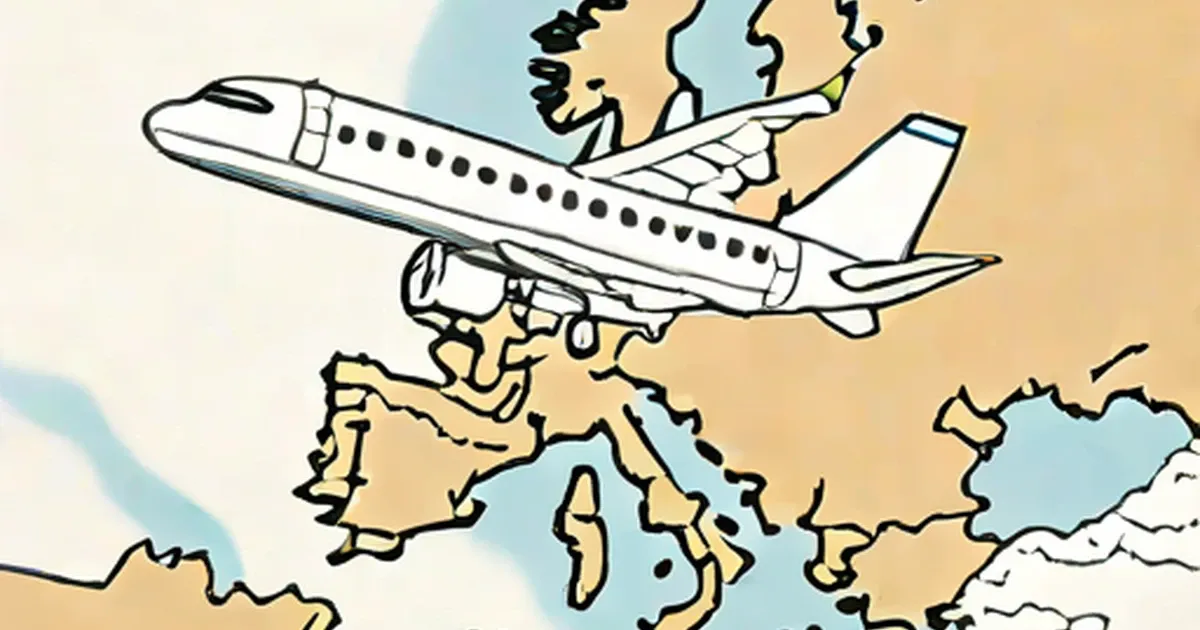 Commercial jet flying above a stylized map of Europe