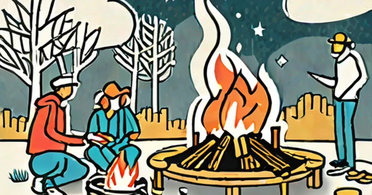 People gathered around a glowing bonfire on a starry night