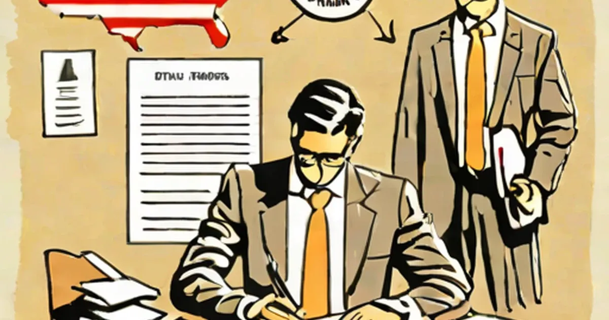 Blindfolded businessman surrounded by papers and colleagues in suits