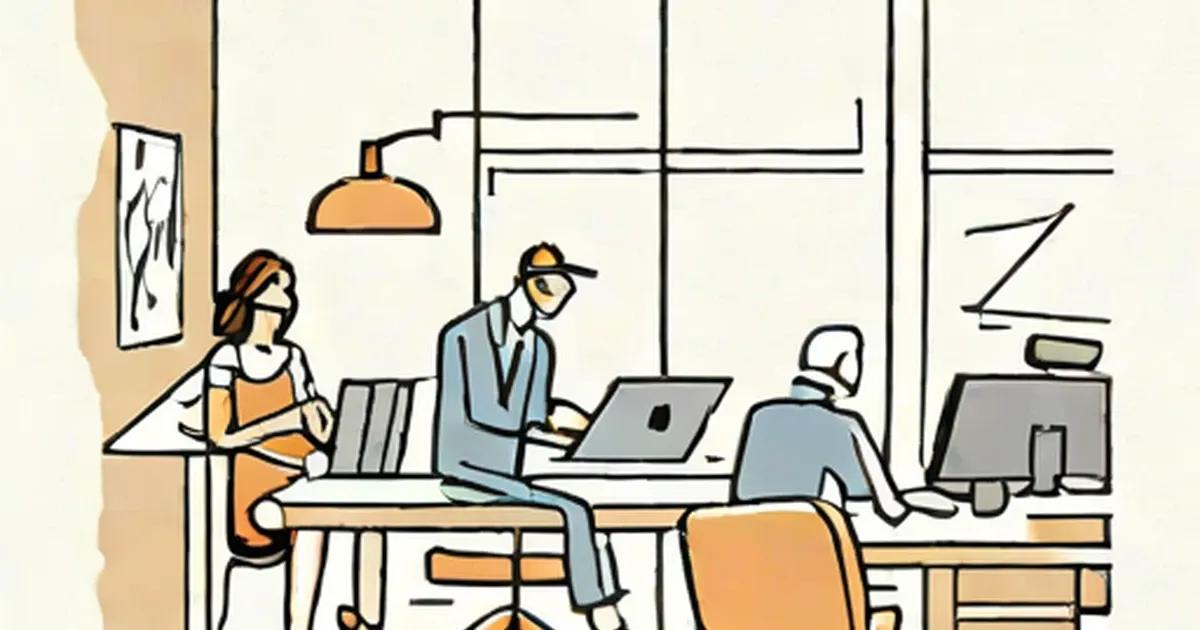 Three office workers collaborate at desks in a bright, modern workplace