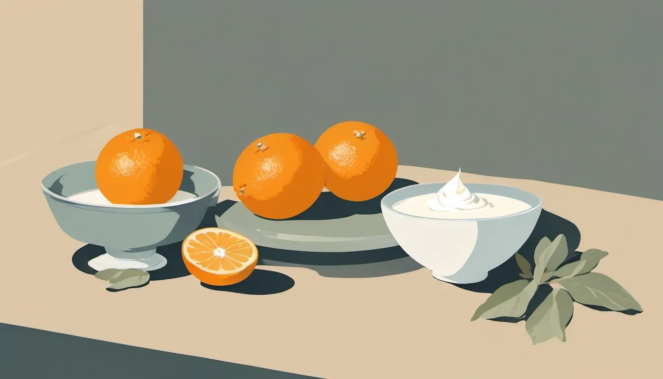 Illustration of an orange half, garlic cloves, and a bowl of yogurt representing everyday immune-boosting foods