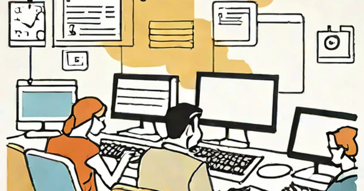 Office workers at computer stations connected by digital interface icons