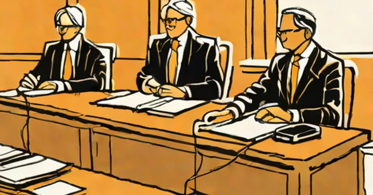 Three men in suits at a formal hearing table with microphones and documents