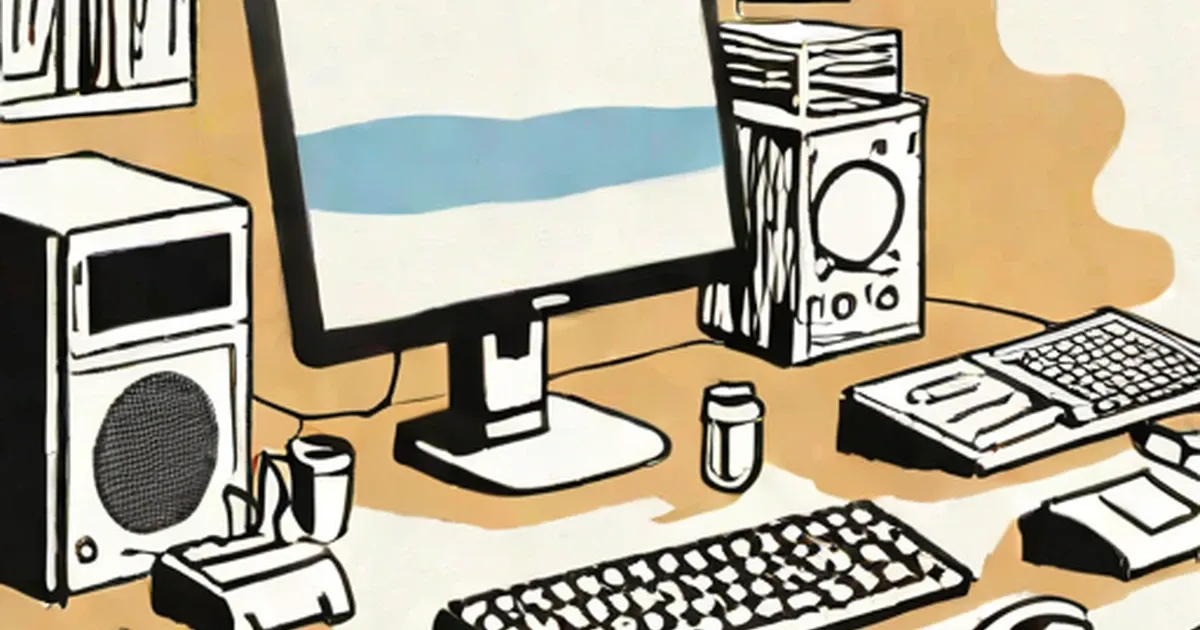 Illustration of desktop computer workspace with monitor, keyboard, and tower