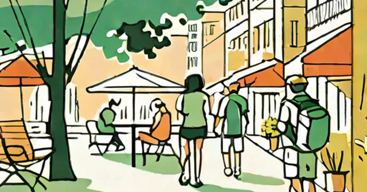 People jogging, sitting under umbrellas, and chatting in an outdoor courtyard