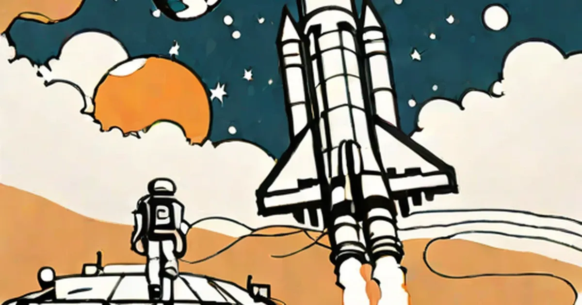 A space shuttle launches from a desert landscape while an astronaut stands below