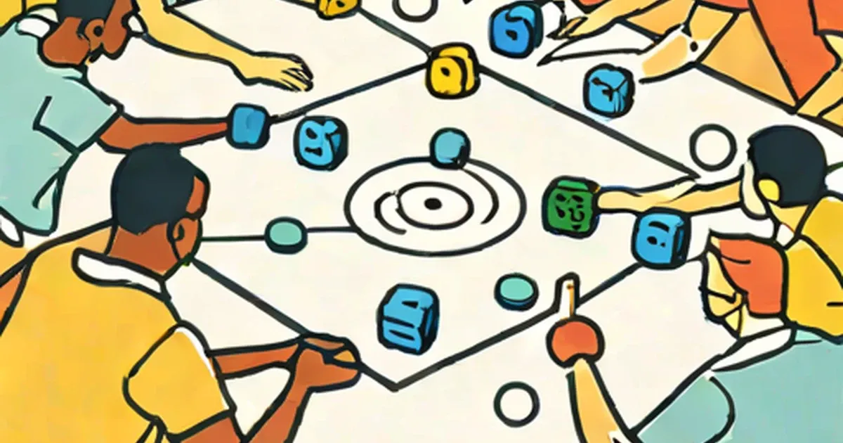 People gathered around a table playing board games with dice and tokens