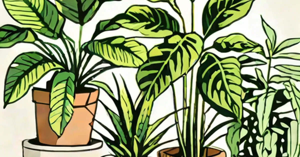 Illustrated houseplants with broad leaves in terracotta pots