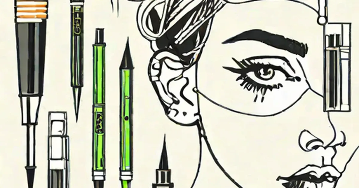 Beauty tools arranged beside an illustrated face with bold eye makeup