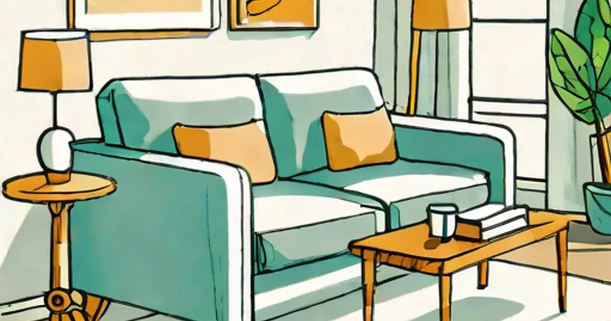 Turquoise inflatable couch with yellow pillows in a living room illustration