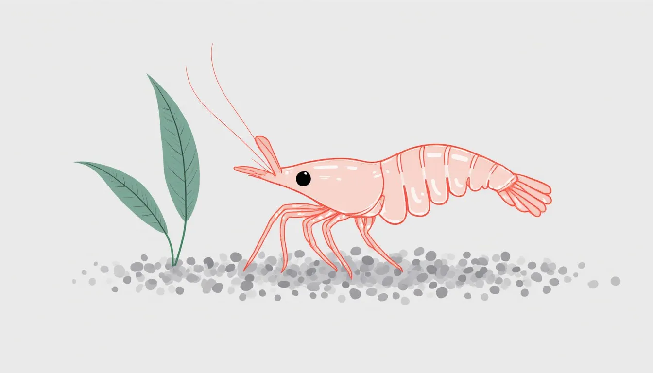 A translucent ghost shrimp with visible legs and antennae resting on gravel beside an aquarium plant leaf.