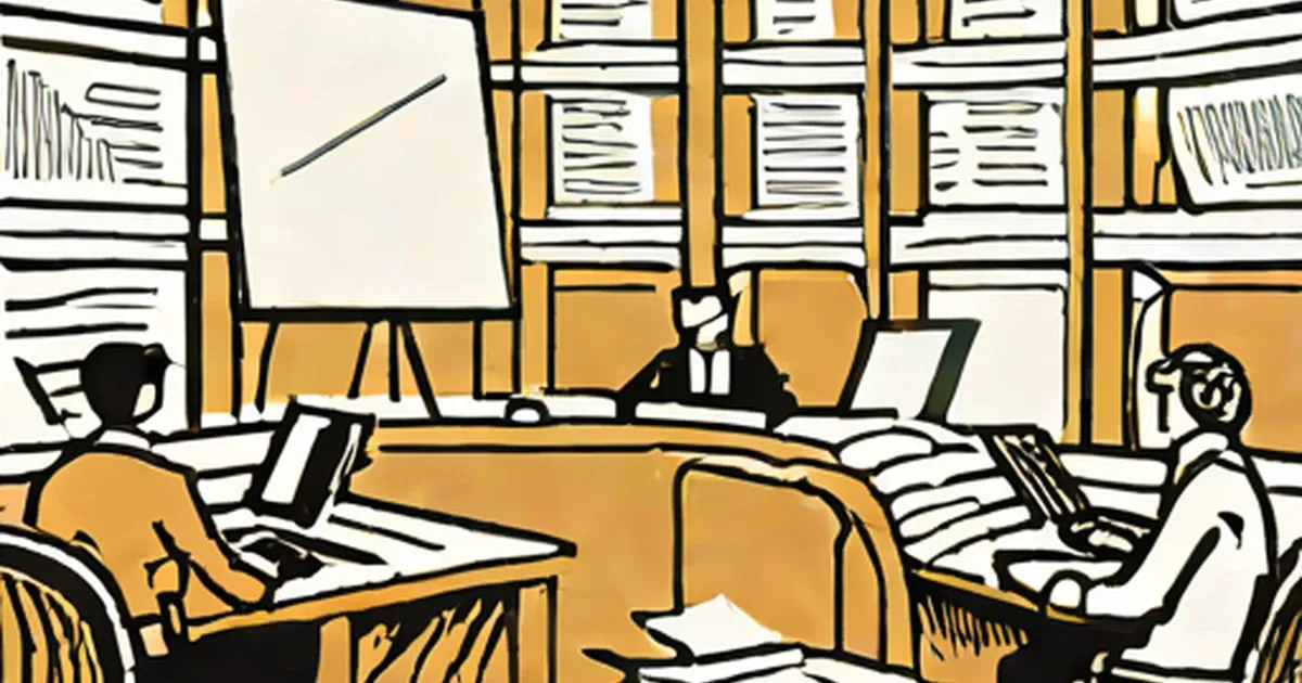 Stylized office scene with workers at desks using laptops
