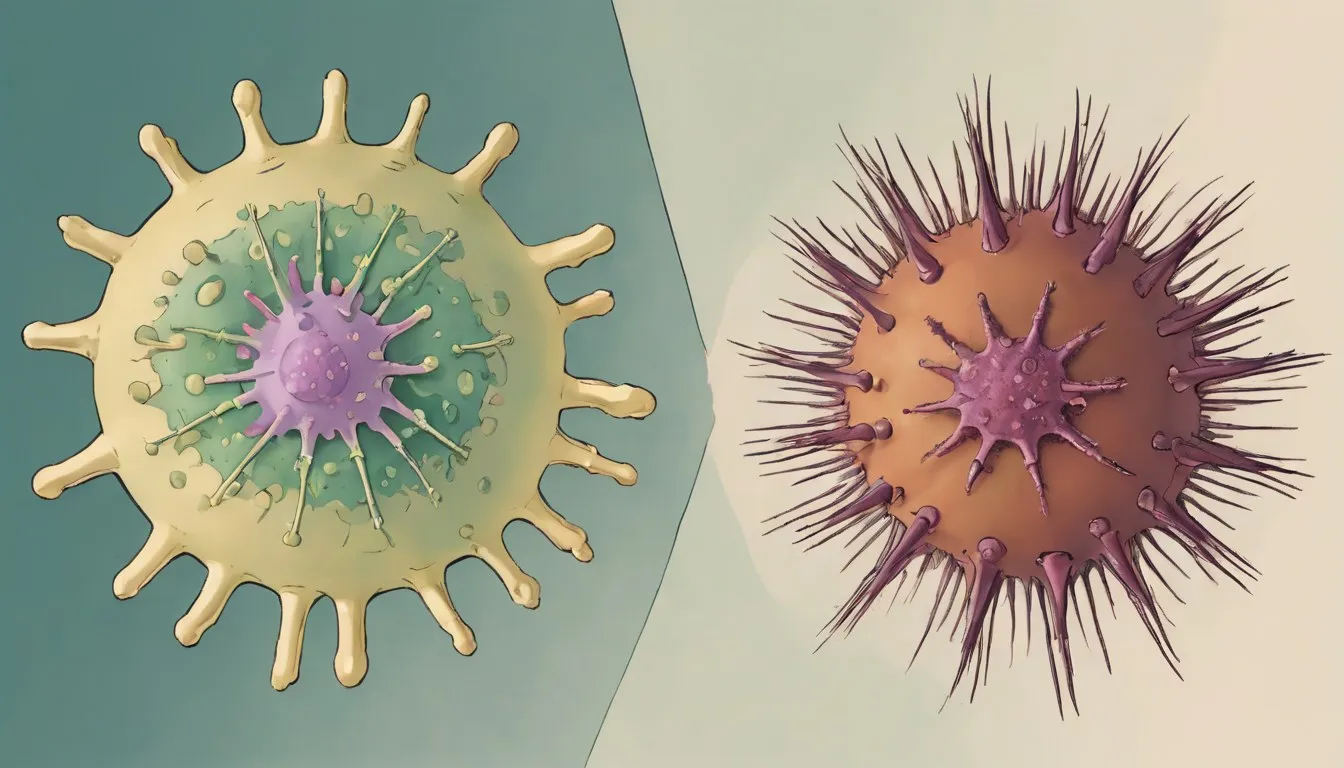 A rounded macrophage cell and a precise antibody-shaped cell each engaging a germ, representing innate and adaptive immunity.