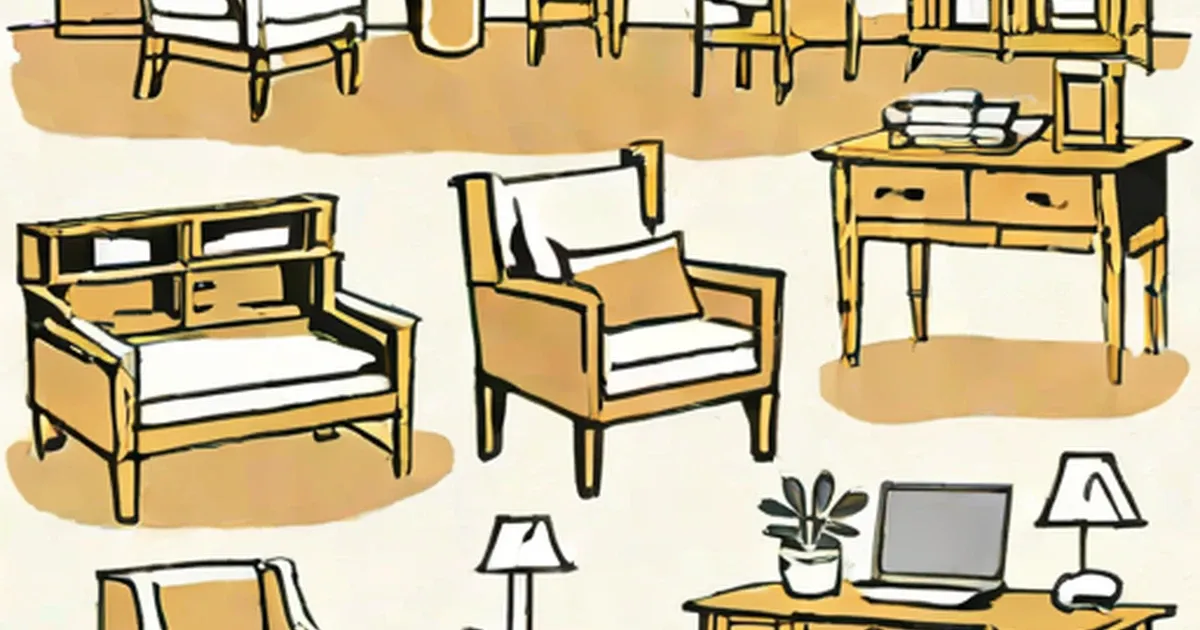 Illustration of miniature doll furniture pieces in warm beige and cream tones