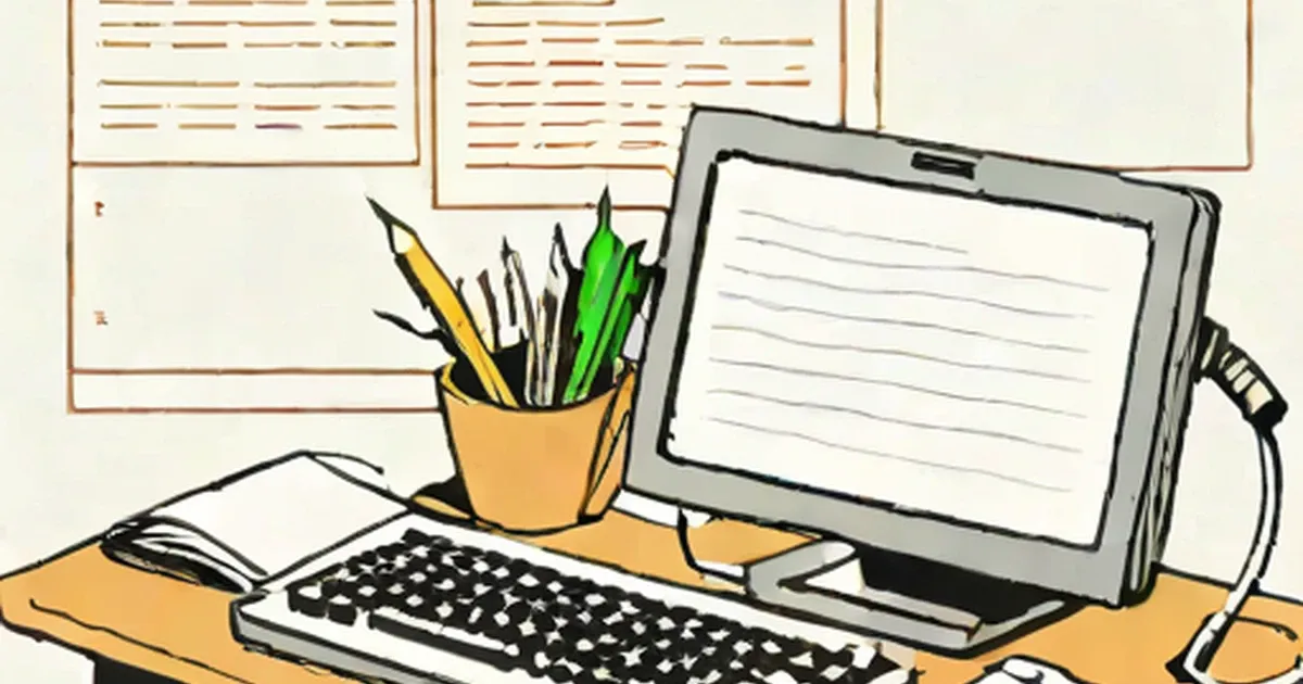 Retro illustration of a computer desk with keyboard, monitor, and pen holder