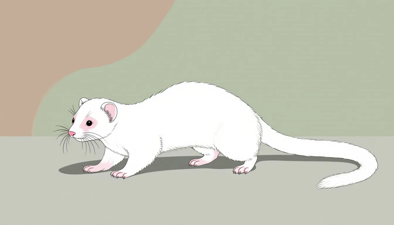 An albino ferret with white fur and pink eyes stretched in an alert, curious pose