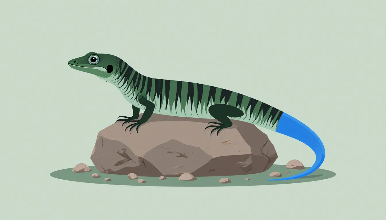 Illustration of a blue-tailed skink lizard with its distinctive bright blue tail curled beside its striped body