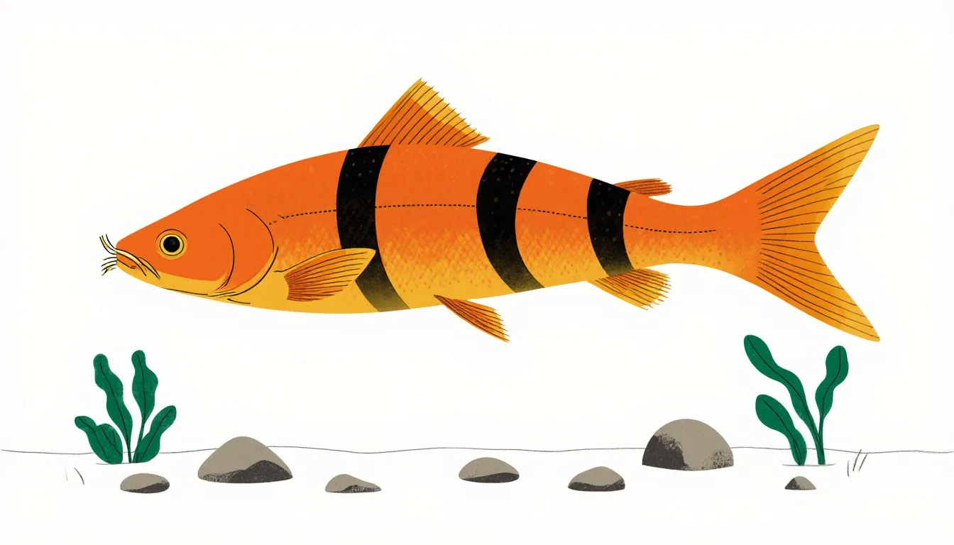 A clown loach with its orange body and three bold black vertical bands swimming among plants and stones