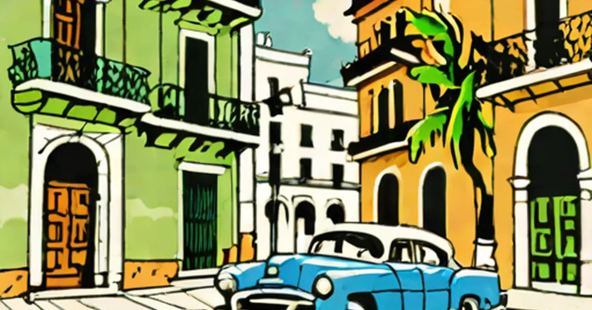 Colorful colonial buildings with ornate balconies and a vintage blue car on the street