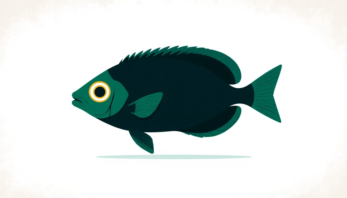 A flashlight fish with its glowing crescent-shaped light organ beneath the eye, set against dark open water.