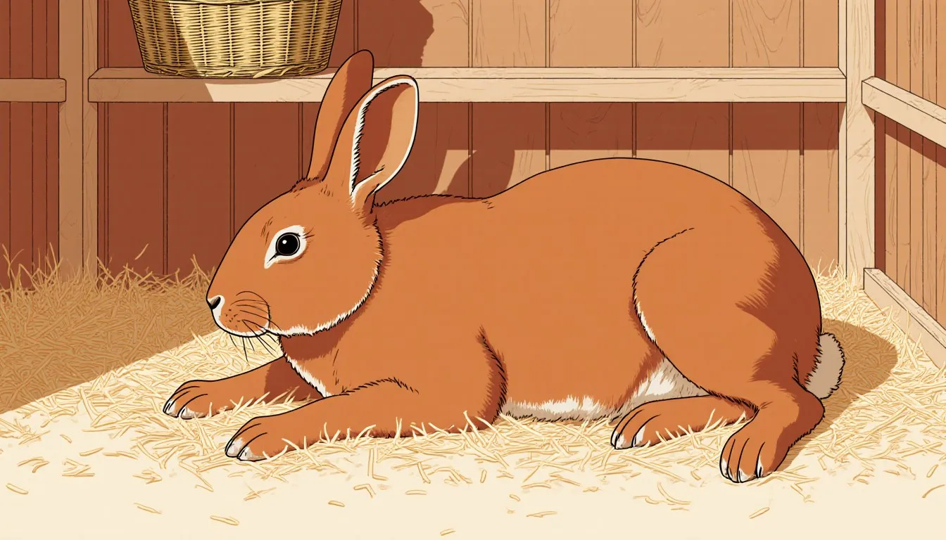 A giant Flemish rabbit stretched out in a hutch, its size dwarfing a small hay basket beside it