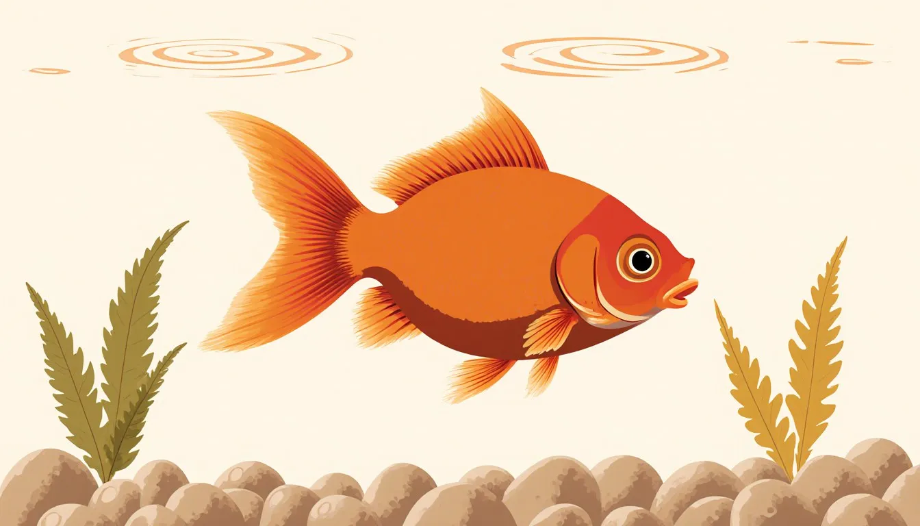 A goldfish with a flowing double tail swims among aquarium plants and pebbles
