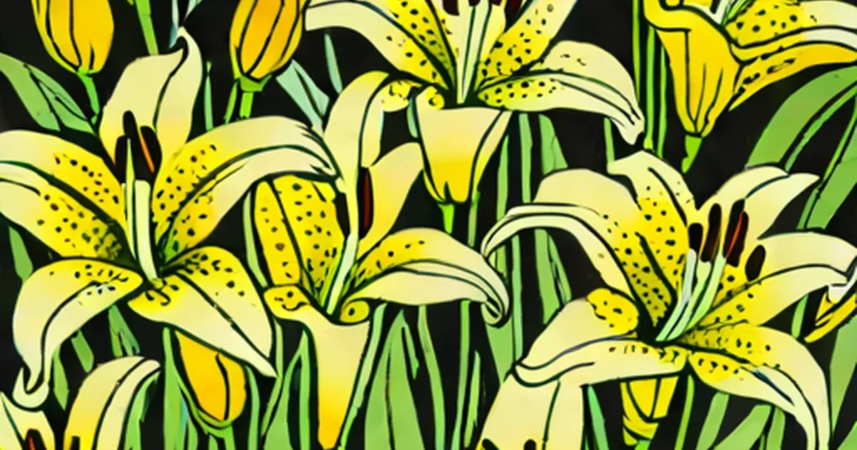 Yellow lilies with dark-spotted petals and green stems illustrated against a black background