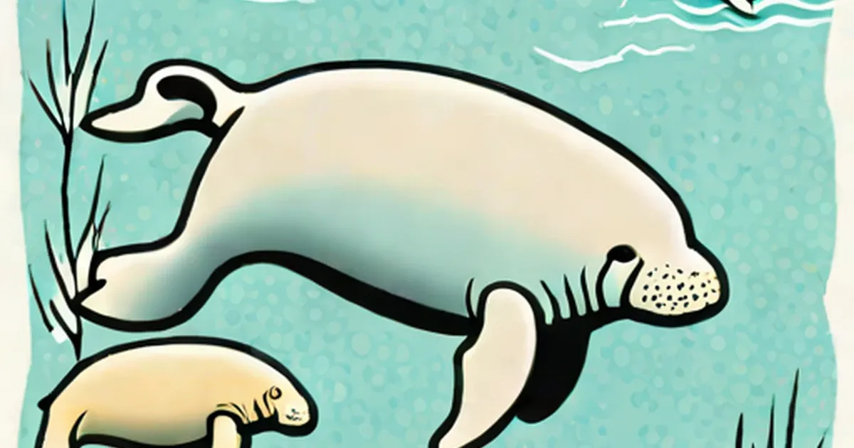 Manatee and calf feeding on aquatic plants
