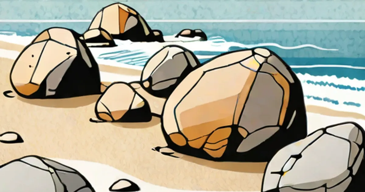 Spherical boulders with segmented surfaces sit on a sandy beach by the ocean